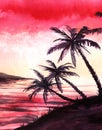 Watercolor exotic landscape of sunset at bay. Dark silhouettes of high palms against amazing scarlet sky with fluffy clouds