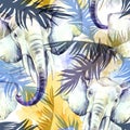 Watercolor exotic seamless pattern. Elephants with colorful tropical leaves. African animals background. Wildlife art