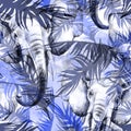 Watercolor exotic seamless pattern. Elephants with colorful tropical leaves. African animals background. Wildlife art Royalty Free Stock Photo