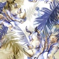 Watercolor exotic seamless pattern. Rhinoceros with colorful tropical leaves. African animals background. Wildlife art Royalty Free Stock Photo