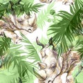 Watercolor exotic seamless pattern. Rhinoceros with colorful tropical leaves. African animals background. Wildlife art Royalty Free Stock Photo