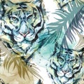 Watercolor exotic seamless pattern. Tigers with colorful tropical leaves. African animals background. Wildlife art Royalty Free Stock Photo