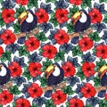 Watercolor exotic tropical flower hibiscus animal bird toucan seamless pattern texture background Royalty Free Stock Photo