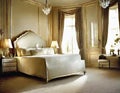 Watercolor of An exquisitely adorned vintage bedroom exuding with opulent soft ambient