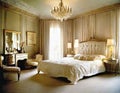 Watercolor of An exquisitely adorned vintage bedroom exuding with opulent soft ambient