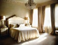 Watercolor of An exquisitely adorned vintage bedroom exuding with opulent soft ambient