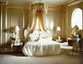 Watercolor of An exquisitely adorned vintage bedroom exuding with opulent soft ambient