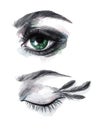 Watercolor eyes. Smokey eye makeup. Open eye and closed eye. Watercolor fashion illustration