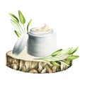 Watercolor face cream in a jar on a wooden saw cut with sage isolated on white background. Beauty products and botany