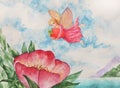 Watercolor Fairy garden magical creature. Little elf angel in green leaves pink flowers. Abstract summer background