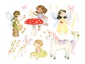 Watercolor fairies at tea party with unicorn, butterfly wand and floral branch