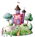 Watercolor fairy tale card witn castle and unicorn. Hand painted green trees and bushes, castle, unicorn isolated on Royalty Free Stock Photo