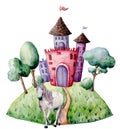 Watercolor fairy tale card witn unicorn and castle. Hand painted green trees and bushes, castle, unicorn isolated on Royalty Free Stock Photo