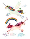 Watercolor fairy tale collection with flying unicorn, rainbow, magic clouds and fairy wings Royalty Free Stock Photo