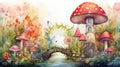 Watercolor fairy tale forest with fantasy house and magic mushrooms. Hand drawn illustration Generative AI Royalty Free Stock Photo