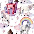 Watercolor fairy tale pattern with unicorns. Hand painted magic horses, castle, rainbow, clouds, stars isolated on white Royalty Free Stock Photo