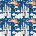 Watercolor fairy tale seamless pattern with cute dragon, magic castle, mountains and fairy clouds