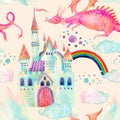 Watercolor fairy tale seamless pattern with cute dragon, magic castle, mountains and fairy clouds