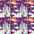 Watercolor fairy tale seamless pattern with cute dragon, magic castle, mountains and fairy clouds