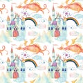 Watercolor fairy tale seamless pattern with cute dragon, magic castle, mountains and fairy clouds