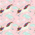 Watercolor fairy tale seamless pattern with flying unicorn, magic clouds and rain