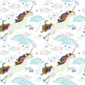 Watercolor fairy tale seamless pattern with flying unicorn, rainbow, magic clouds and rain