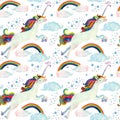 Watercolor fairy tale seamless pattern with flying unicorn, rainbow, magic clouds and rain