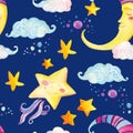 Watercolor fairy tale seamless pattern with magic sun, moon, cute little star and fairy clouds Royalty Free Stock Photo