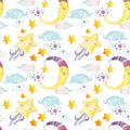 Watercolor fairy tale seamless pattern with magic sun, moon, cute little star and fairy clouds Royalty Free Stock Photo