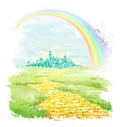 Watercolor fairytale emerald city, rainbow and yellow golden brick road Royalty Free Stock Photo