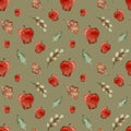 Watercolor fall background. Red cartooon style apples, green and orange leaves. Harvest concept. Autumn pattern.