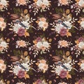 Watercolor fall birds with garden flowers background. Burgundy, white and terracotta asters and chrysanthemums pattern.