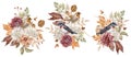 Watercolor fall birds with garden flowers - burgundy, white and terracotta asters and chrysanthemums and autumn leaves.