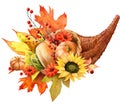 Watercolor Fall Cornucopia clipart. Autumn Harvest Clip Art, Thanksgiving Day art Royalty Free Stock Photo