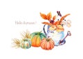 Watercolor Fall Floral Bouquet In Vintage Rusty Watering Can, Orange Blue Pumpkins.