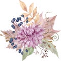 Watercolor fall floral bouquet. Yellow autumn leaves, aster flower, berries. Colorful illustration.