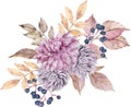 Watercolor fall floral bouquet. Yellow autumn leaves, dahlia and aster flowers, berries. Colorful illustration.