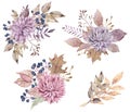 Watercolor fall floral bouquets. Yellow autumn leaves, dahlia and aster flowers, berries. Colorful illustration.