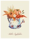 Watercolor Fall Floral Orange Pumpkins Bouquet In Vintage Rusty Watering Can.