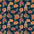 Watercolor fall floral pattern in rustic style. Hand painted cute girl in warm clothes, orange flowers, leaves and pumpkins