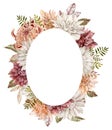 Watercolor fall flowers oval frame. Autumn white, orange and crimson asters and chrysanthemums template