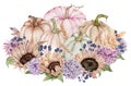 Watercolor fall flowers, sunflowers, autumn leaves, berries in the pumpkin. Beautiful floral and pumpkin arrangement.