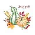 Watercolor fall harvest illustration with pumpkins and autumn colorful leaves. Thanksgiving card Royalty Free Stock Photo