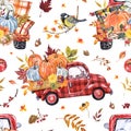 Watercolor fall harvest seamless pattern. Red pumpkin rtuck, pumpkins arrangement, flowers, apples, leaves on white background