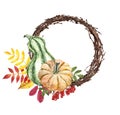 Watercolor fall holiday wreath with pumpkins, tree leaf and willow branches. Autumn harvest illustration, Thanksgiving day decor