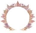 Watercolor fall leaves circle frame. Hand-drawn pink leaves wreath.