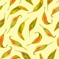 Watercolor fall leaves seamless pattern. Hand drawn autumn colored foliage on pastel yellow background. Vintage Royalty Free Stock Photo