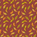 Watercolor fall leaves seamless pattern. Hand painted dry autumn colored foliage on bright red background. Vintage Royalty Free Stock Photo