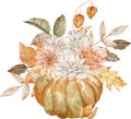 Watercolor fall orange pumpkin decorated with asters, dahlias, fall leaves and physalis. Autumn card.
