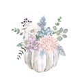 Watercolor fall pastel pumpkin with muted flowers, succulents, eucalyptus, watercolor botanical illustration. White floral pumpkin